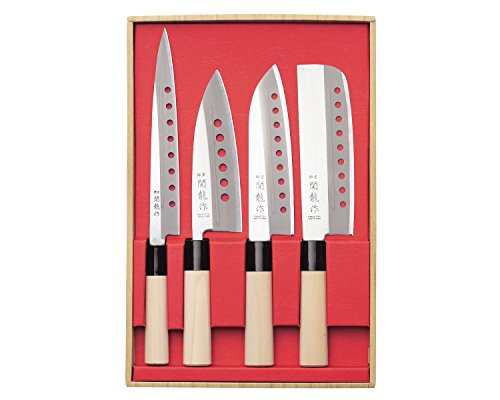 Nakiri SR1100 - Juego de cuchillos profesionales japoneses SasHIMI, DEBA, SANTOKU, NAKIRI SR1100 de acero inoxidable mango de madera de chopo cuchillas de 21 cm, 15 cm, 16,5 cm