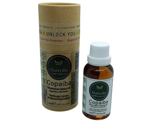 Nativilis Copaiba bálsamo aceite esencial (Copaifera officinalis) - Dolor muscular y articular - Antienvejecimiento Acné Dermatitis Melasma Venas varicosas Aceite de aromaterapia 30ML