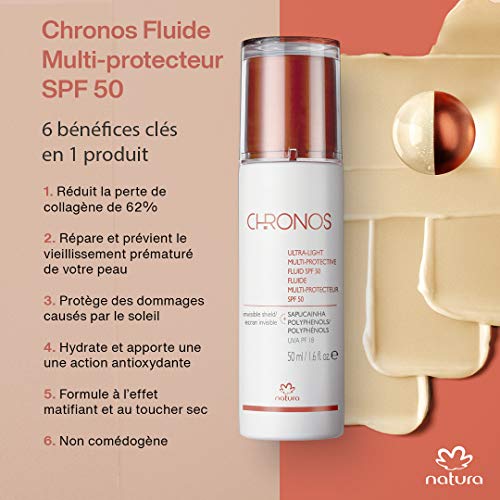 NATURA - Fluido Multiprotector SPF50 Rostro Chronos - Para todo Tipo de Piel - Protección Solar SPF50 - Previene el Envejecimiento Prematuro de la Piel - 100% Vegano - Cruelty Free - 50 ml