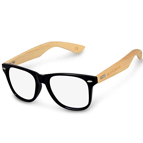 Navaris gafas para el ordenador de bambú - Gafas antifatiga con patillas de madera - Gafas retro para hombre y mujer con filtro de luz azul - Negro