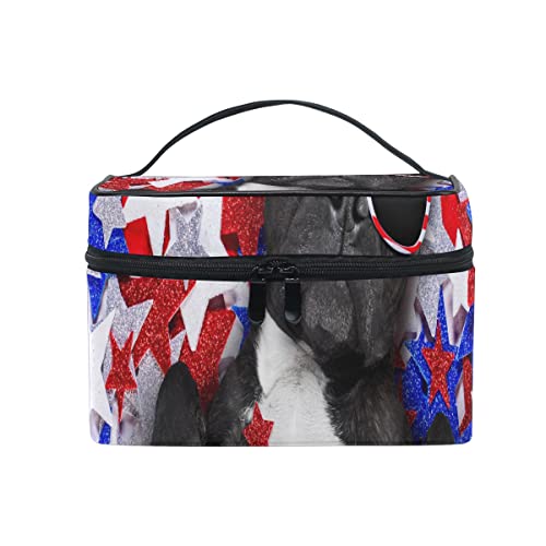 Neceser de Maquillaje Grande para Mujer con diseño de Bulldog francés Que agita una Bandera de Estados Unidos y la Victoria o con asa Superior portátil, Neceser de Viaje para Mujeres y niñas, 9 x 6,2