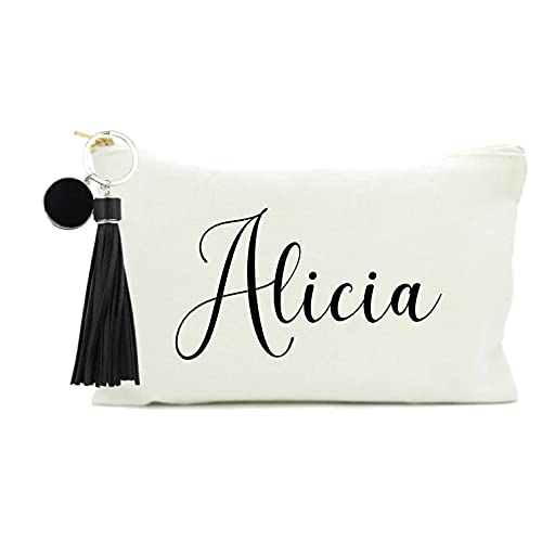 Neceser personalizado, Bolsa de aseo, maquillaje, en algodón blanco Con borla y nombre. 2 TAMAÑOS. Regalo original para mujer. Personalizado en España. (26 x 24 cm, N Blanco/Texto Negro)