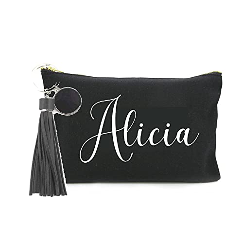 Neceser personalizado, Bolsa de aseo, maquillaje, en algodón negro. Con borla y nombre. 2 TAMAÑOS. Regalo original para mujer. Personalizado en España. (26 x 24 cm, N Negro / Texto Blanco)