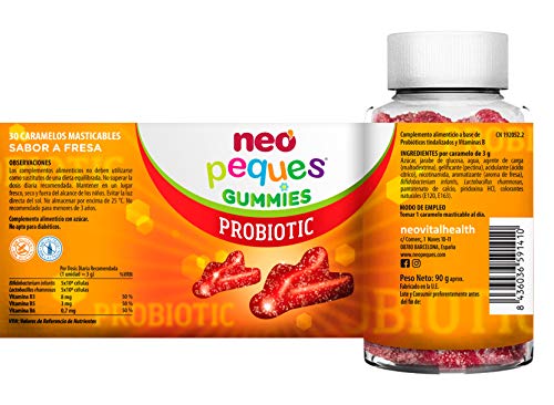 NEO PEQUES | Gummies Probiotic | 30 Gominolas | Beneficiosas para el Sistema Digestivo y las Defensas | Con Probióticos y Vitaminas del Grupo B | Caramelos Masticables para Niños | Sabor Fresa