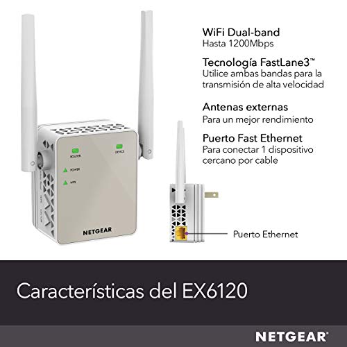 Netgear EX6120 Amplificador de WiFi AC1200 Mbps, repetidor WiFi Dual Band, 1 Puerto