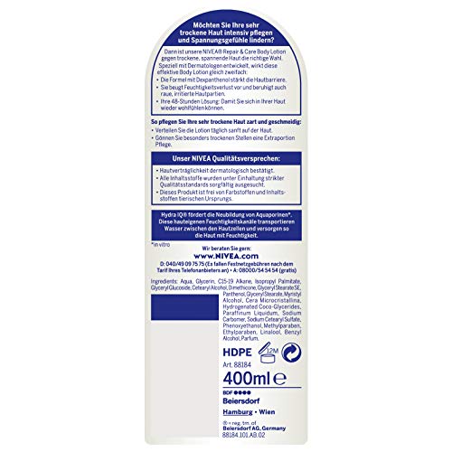 NIVEA Loción corporal Repair & Care en paquete de 1 unidad (1 x 400 ml), crema corporal para 72 horas de cuidado y alivio de las sensaciones de tensión, crema para la piel con dexpantenol