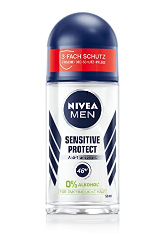 NIVEA MEN Sensible Protect desodorante roll-on (50 ml), antitranspirante para pieles sensibles, desodorante protege contra la humedad de las axilas durante 48 horas sin irritar la piel