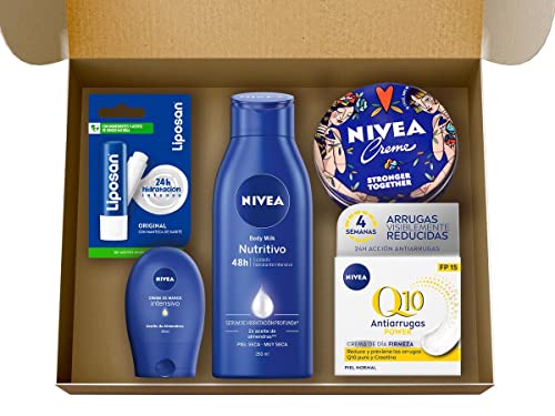 NIVEA Pack Human Touch con body milk (1 x 250 ml), crema facial (1 x 50 ml), crema de manos (1 x 30 ml), crema universal (1 x 150 ml) y bálsamo labial (1 x 4,8 g)