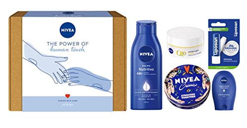 NIVEA Pack Human Touch con body milk (1 x 250 ml), crema facial (1 x 50 ml), crema de manos (1 x 30 ml), crema universal (1 x 150 ml) y bálsamo labial (1 x 4,8 g)