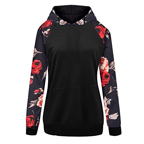 Niwicee Mujer Sudadera con Capucha Manga Larga Sweatshirt Elegant Estampado Floral Hoodie con Bolsillo Casual Otoño Primavera Mujer Tops (Negro, XL)