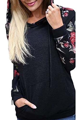 Niwicee Mujer Sudadera con Capucha Manga Larga Sweatshirt Elegant Estampado Floral Hoodie con Bolsillo Casual Otoño Primavera Mujer Tops (Negro, XL)