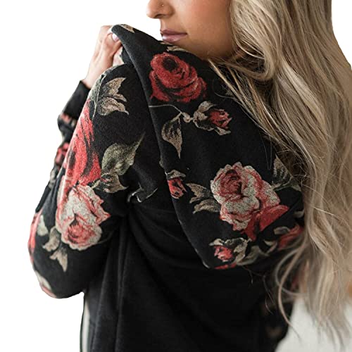 Niwicee Mujer Sudadera con Capucha Manga Larga Sweatshirt Elegant Estampado Floral Hoodie con Bolsillo Casual Otoño Primavera Mujer Tops (Negro, XL)