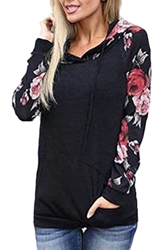 Niwicee Mujer Sudadera con Capucha Manga Larga Sweatshirt Elegant Estampado Floral Hoodie con Bolsillo Casual Otoño Primavera Mujer Tops (Negro, XL)