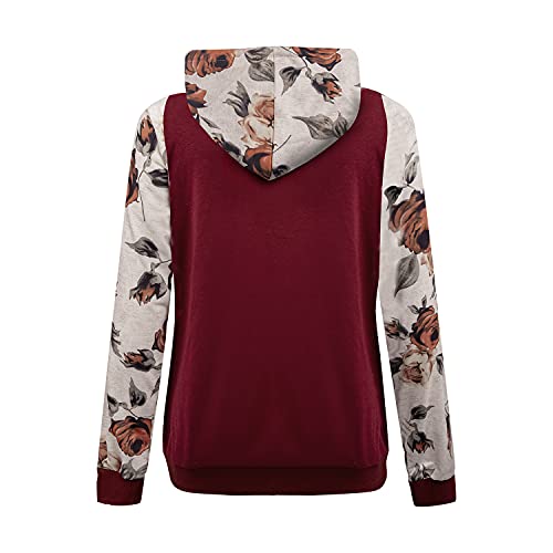 Niwicee Mujer Sudadera con Capucha Manga Larga Sweatshirt Elegant Estampado Floral Hoodie con Bolsillo Casual Otoño Primavera Mujer Tops (Vino Tinto, M)