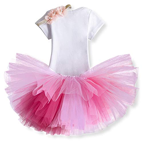 NNJXD Unicornio Arco Iris Tutú Primer Cumpleaños Trajes de 3 Piezas Mameluco + Falda + Diadema 1 Año B-Rosa