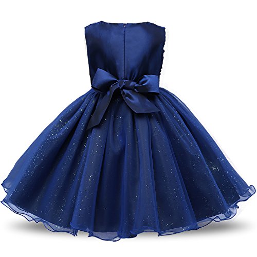 NNJXD Vestido de Fiesta de Princesa con Encaje de Flor de 3D sin Mangas para Niñas Talla(120) 3-4 años Azul Oscuro