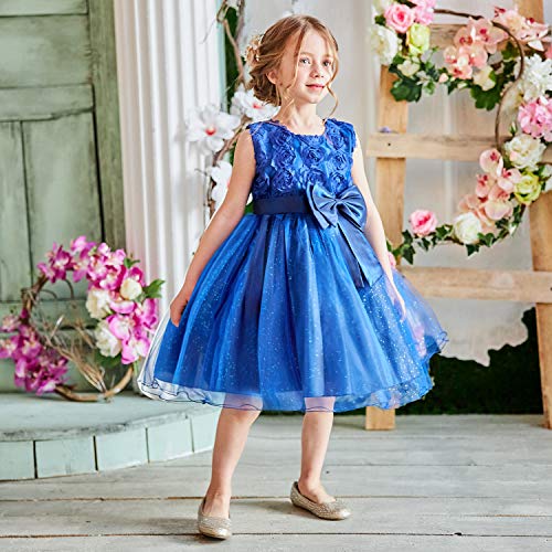 NNJXD Vestido de Fiesta de Princesa con Encaje de Flor de 3D sin Mangas para Niñas Talla(120) 3-4 años Azul Oscuro