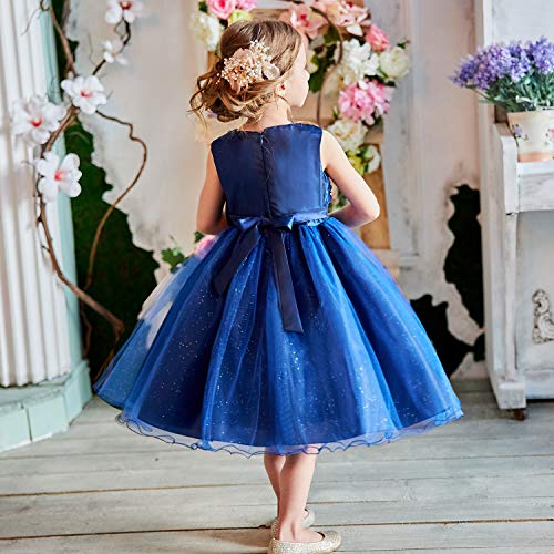 NNJXD Vestido de Fiesta de Princesa con Encaje de Flor de 3D sin Mangas para Niñas Talla(120) 3-4 años Azul Oscuro