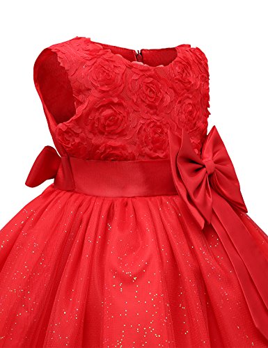 NNJXD Vestido de Fiesta de Princesa con Encaje de Flor de 3D sin Mangas para Niñas Talla(90) 12-18 Meses Rojo