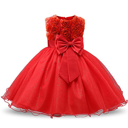 NNJXD Vestido de Fiesta de Princesa con Encaje de Flor de 3D sin Mangas para Niñas Talla(90) 12-18 Meses Rojo