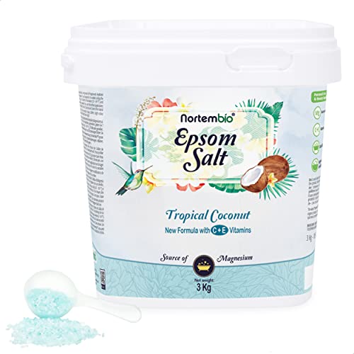 Nortembio Sal de Epsom 3 Kg. Fragancia Coco Tropical. Sal de Baño Hidratada con Vitamina C y E. Relajación de Músculos, Aromaterapia y Buen Sueño. E-Book Incluido.