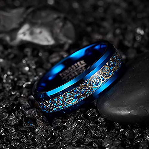 NUNCAD Anillo de Tungsteno Azul con Dragón Celta Oro y Fibras de Carbono 8mm Hombre Mujer Unisex para Boda Regalo Compromiso Compañía Talla 22