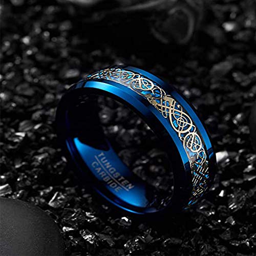 NUNCAD Anillo de Tungsteno Azul con Dragón Celta Oro y Fibras de Carbono 8mm Hombre Mujer Unisex para Boda Regalo Compromiso Compañía Talla 22