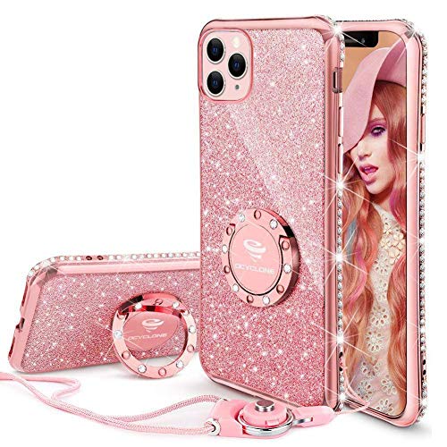 OCYCLONE Funda para iPhone 11 Pro MAX, Glitter Cristal Diamante Brillante y Soporte de Anillo para Niñas y Mujeres, Funda para Teléfono con Purpurina para iPhone 11 Pro MAX de 6.5 Pulgadas - Oro Rosa