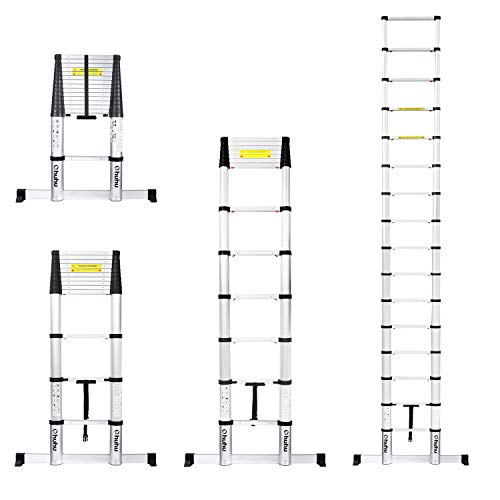 Ohuhu 4,7M Escalera Telescópica Multiusos de Aluminio Portátil, Escalera telescópica con barra estabilizadora, Extensión Plegable y Extensible EN131, Carga Máxima 150 kg