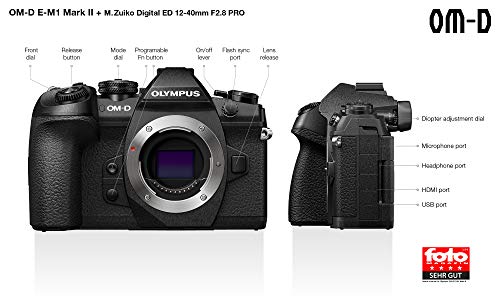 Olympus OM-D E-M1 Mark II Kit, Cámara de Sistema Micro Cuatro Tercios (20.4 MP, Estabilizador de Imagen de 5 Ejes, Visor Electrónico) y Objetivo M.Zuiko 12 - 40 mm PRO Universal, negro