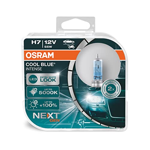 OSRAM COOL BLUE INTENSE H7, +100% más de brillo, hasta 5000 K, lámpara de faro halógena, aspecto LED, caja dúo (2 lámparas)