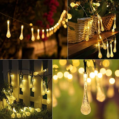 Outdoor Solar String Lights 25.7Ft 40 LED Water Drop Solar Powered Lights with 8 Modes, Waterproof Fairy Crystal Lights for Patio Garden Yard Tree Wedding Party decor, Warm White