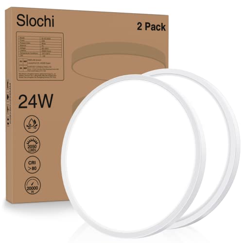 Pack 2x Plafon LED Techo 24W,Slochi 2050lm 6500K Lamparas de Techo,IP44 Impermeable Plafones para Techo LED,Plafon LED Redondo Blanco para Cocina Baño Habitacion Dormitorio Salon Pasillo Garaje