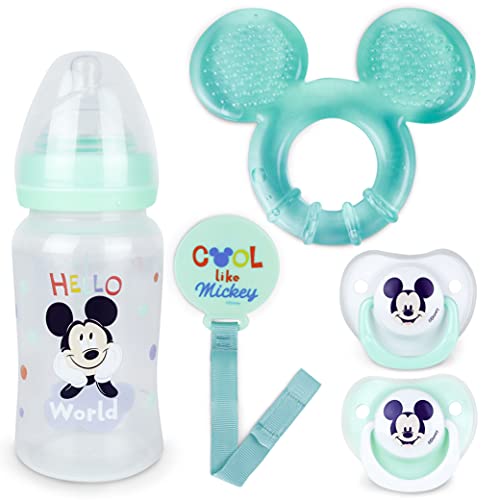 Pack Biberon Anticolicos Recien Nacido, 2 Chupete Bebe, Mordedor Bebe Refrigerante, Broche, Mickey Mouse - BONNYCO | Regalos Originales Para Bebes Recien Nacidos, Pack Biberones Anticolicos