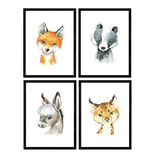 Pack de cuatro láminas con ilustraciones de animales. Posters con imágenes infantiles de animales. Mapache zorro burro y leopardo. Tamaño A3 sin marco…