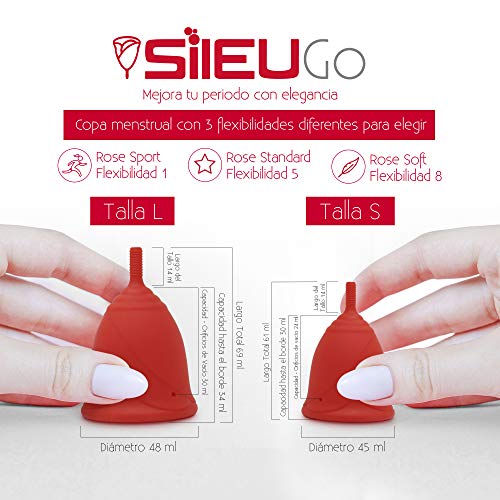 Pack Sileu Go: Copa menstrual Rose - Modelo de iniciación - Alternativa ecológica, natural a tampones y compresas - Talla S, Rojo, Flexibilidad Soft + Estuche de Flor Rojo