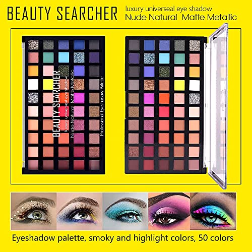 Paleta de maquillaje de sombra de ojos de 50 colores, alto brillo pigmentado brillo mate metálico neutro dramático suave mezclable sombra de ojos de larga duración paleta de maquillaje