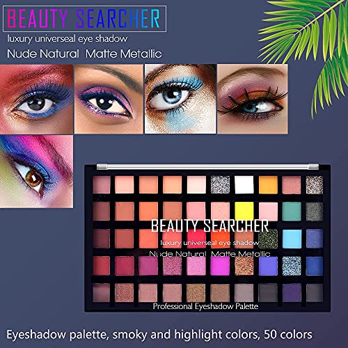 Paleta de maquillaje de sombra de ojos de 50 colores, alto brillo pigmentado brillo mate metálico neutro dramático suave mezclable sombra de ojos de larga duración paleta de maquillaje