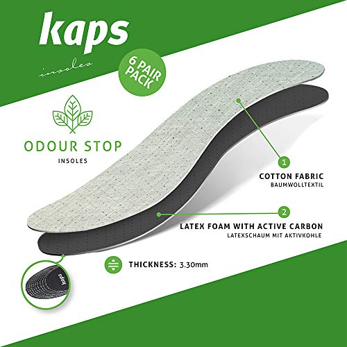 Paquete de 6 Pares de Plantillas para Calzado, Anti-Olor con Olor a Carbón Vegetal, Insertos para Zapatos, Odour Stop de Kaps, Corte a Su Medida