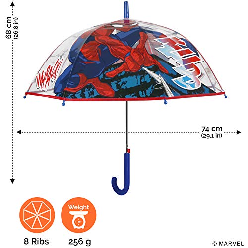 Paraguas Marvel Spiderman Niño 4 5 6 Años - Sombrilla Lluvia Transparente Cúpula Brubuja Clásico para Niños - Paraguas de Superhéroes Hombre Araña con Apertura Automática - Diámetro 74 cm PERLETTI