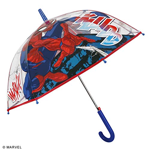 Paraguas Marvel Spiderman Niño 4 5 6 Años - Sombrilla Lluvia Transparente Cúpula Brubuja Clásico para Niños - Paraguas de Superhéroes Hombre Araña con Apertura Automática - Diámetro 74 cm PERLETTI