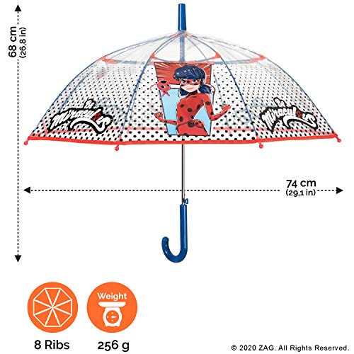 Paraguas Niñas Transparente Ladybug - Paraguas Infantil Miraculous con Forma de Cúpula Resistente Antiviento - Apertura Automática de Seguridad - Pequeñas 4/6 Años - 74 cm Diámetro - Perletti Kids