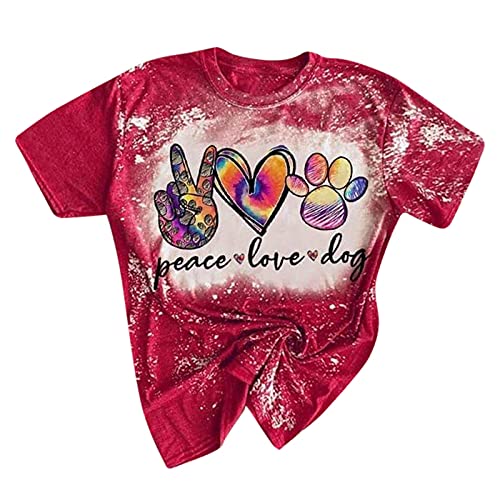 Peace Love Dogs - Camiseta de cuello redondo para mujer, con estampado de letras para cachorros, con estampado de letras para cachorros, camisetas sueltas y divertidas para mujer, rosso, M