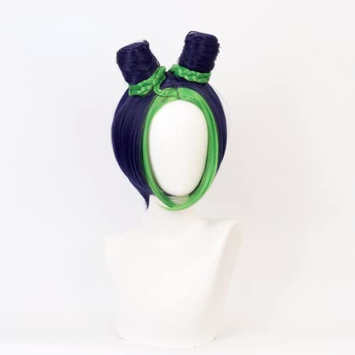 Peluca Cosplay Anime, Peluca JoJo's Bizarre Adventure, Peluca Jolyne Cujoh, Pelucas Cortas Trenza Azul Tinta Verde con Gorro Peluca Gratis, para Halloween, Fiesta, Carnaval, Vida Nocturna, Conciertos