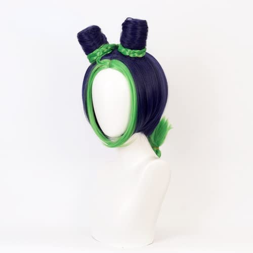 Peluca Cosplay Anime, Peluca JoJo's Bizarre Adventure, Peluca Jolyne Cujoh, Pelucas Cortas Trenza Azul Tinta Verde con Gorro Peluca Gratis, para Halloween, Fiesta, Carnaval, Vida Nocturna, Conciertos