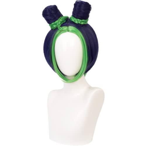 Peluca Cosplay Anime, Peluca JoJo's Bizarre Adventure, Peluca Jolyne Cujoh, Pelucas Cortas Trenza Azul Tinta Verde con Gorro Peluca Gratis, para Halloween, Fiesta, Carnaval, Vida Nocturna, Conciertos