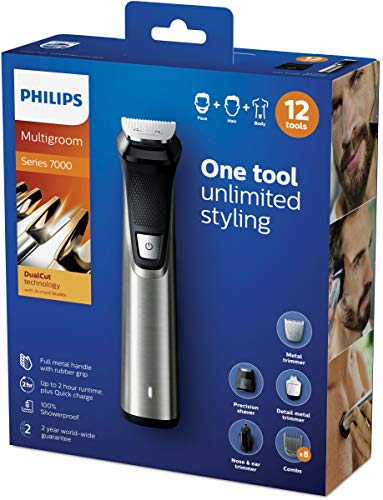 Philips MULTIGROOM Series 7000 MG7735/15 cortadora de pelo y maquinilla Gris Recargable - Afeitadora (Gris, Rectángulo, 3 mm, 7 mm, Barba, Oído, Nariz, Acero inoxidable)