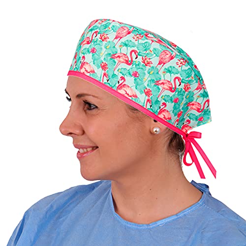 Pilucaps, Gorro quirófano pelo corto modelo FLAMENCOS ajustable con tiras de atar para mujer y hombre 100% algodón.