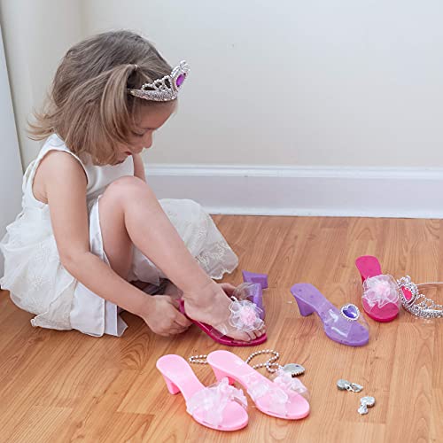 Playkidz- Incluye Joyas y 3 Pares de Zapatos de Princesa, 2 Tiaras, Pendientes y Collar, Regalo de Juego de Roles niñas pequeñas Vestir, Color surtido (Dress Up America 950)