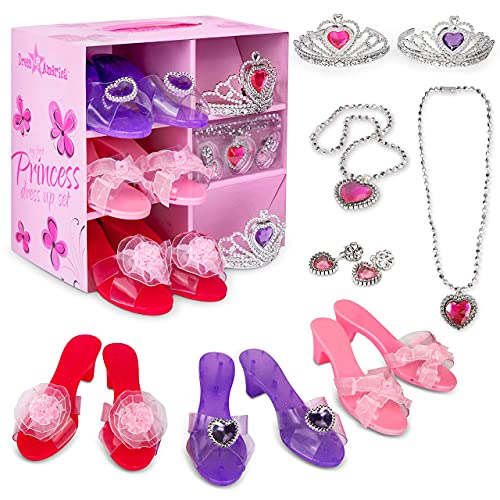 Playkidz- Incluye Joyas y 3 Pares de Zapatos de Princesa, 2 Tiaras, Pendientes y Collar, Regalo de Juego de Roles niñas pequeñas Vestir, Color surtido (Dress Up America 950)